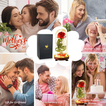 Forever Silk Rose in Glass Dome, Beauty and the Beast LED Light Flower Gift | Romantic Enchanted Red Rose Decor with Warm String Lights & Premium Gift Box, Birthday Valentine Gift for Mom Girlfriend