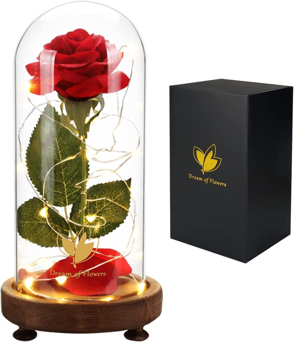 Forever Silk Rose in Glass Dome, Beauty and the Beast LED Light Flower Gift | Romantic Enchanted Red Rose Decor with Warm String Lights & Premium Gift Box, Birthday Valentine Gift for Mom Girlfriend