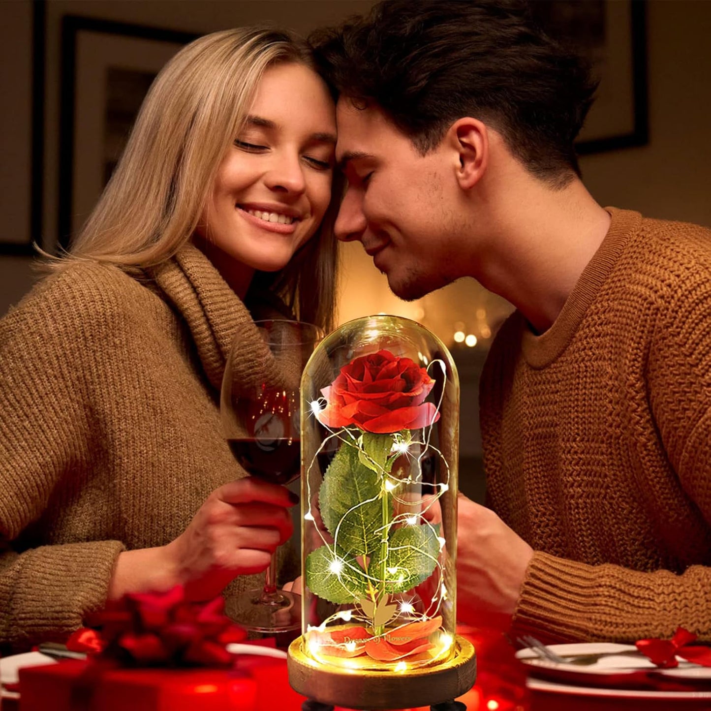 Forever Silk Rose in Glass Dome, Beauty and the Beast LED Light Flower Gift | Romantic Enchanted Red Rose Decor with Warm String Lights & Premium Gift Box, Birthday Valentine Gift for Mom Girlfriend