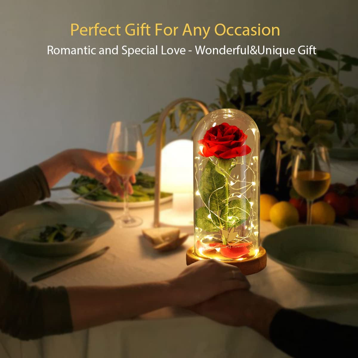 Forever Silk Rose in Glass Dome, Beauty and the Beast LED Light Flower Gift | Romantic Enchanted Red Rose Decor with Warm String Lights & Premium Gift Box, Birthday Valentine Gift for Mom Girlfriend