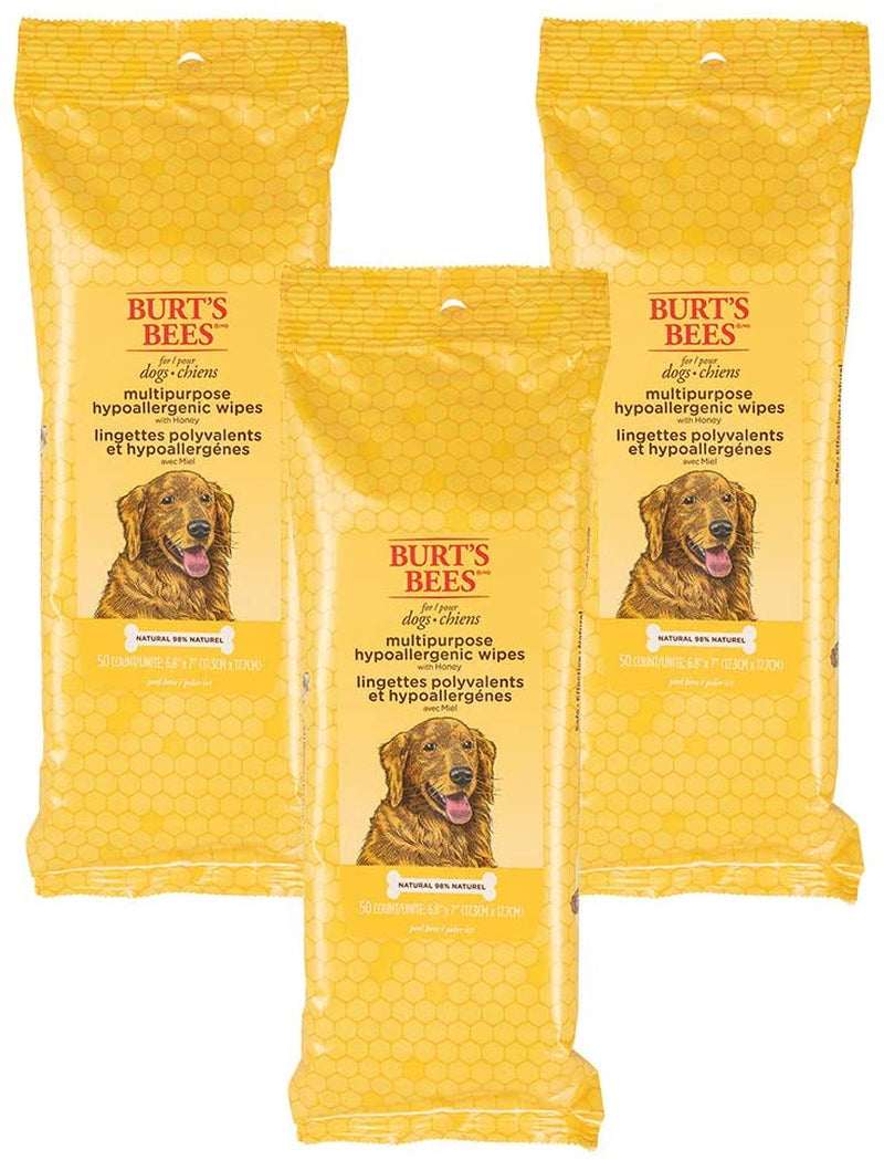 Burts Bees for Pets Honey Multipurpose Dog Grooming Wipes, 50 Count, 3-Pack | Honey Formula, Hypoallergenic Spot-Cleaning, Ph Balanced, Paws Face and Butt