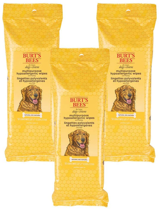 Burts Bees for Pets Honey Multipurpose Dog Grooming Wipes, 50 Count, 3-Pack | Honey Formula, Hypoallergenic Spot-Cleaning, Ph Balanced, Paws Face and Butt