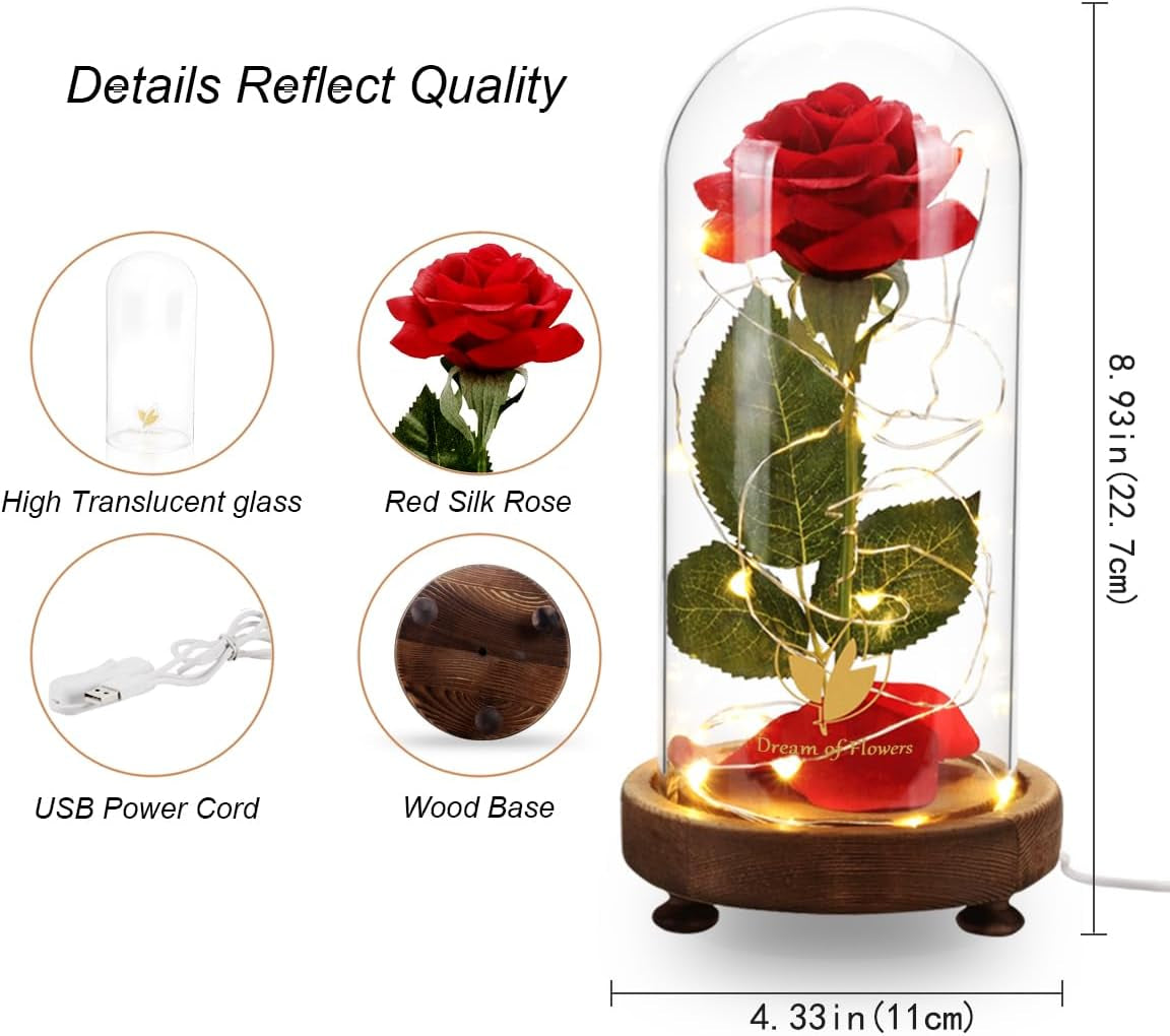 Forever Silk Rose in Glass Dome, Beauty and the Beast LED Light Flower Gift | Romantic Enchanted Red Rose Decor with Warm String Lights & Premium Gift Box, Birthday Valentine Gift for Mom Girlfriend