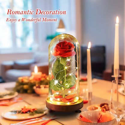 Forever Silk Rose in Glass Dome, Beauty and the Beast LED Light Flower Gift | Romantic Enchanted Red Rose Decor with Warm String Lights & Premium Gift Box, Birthday Valentine Gift for Mom Girlfriend