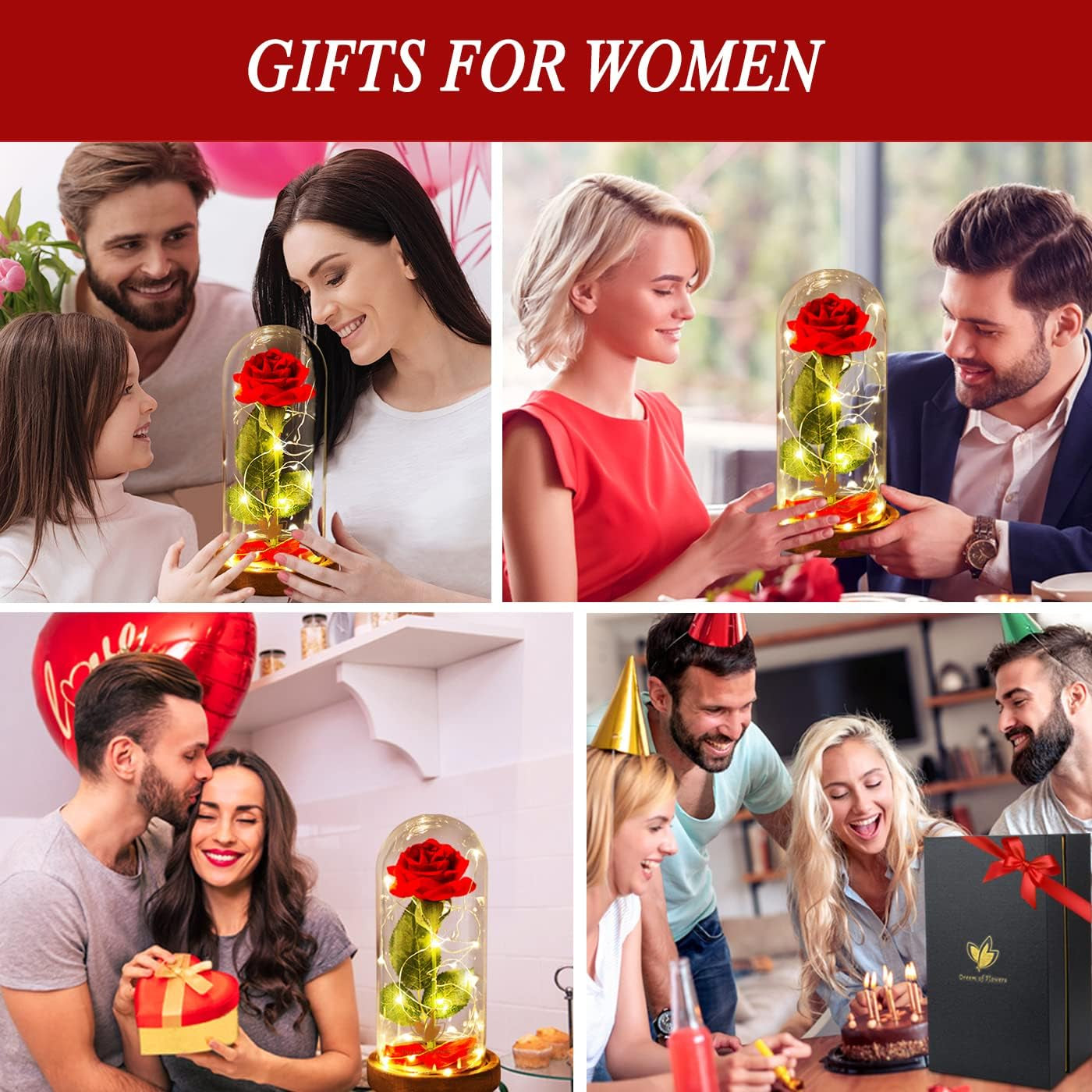 Forever Silk Rose in Glass Dome, Beauty and the Beast LED Light Flower Gift | Romantic Enchanted Red Rose Decor with Warm String Lights & Premium Gift Box, Birthday Valentine Gift for Mom Girlfriend