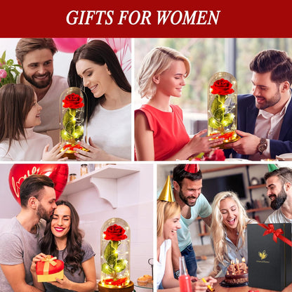Forever Silk Rose in Glass Dome, Beauty and the Beast LED Light Flower Gift | Romantic Enchanted Red Rose Decor with Warm String Lights & Premium Gift Box, Birthday Valentine Gift for Mom Girlfriend