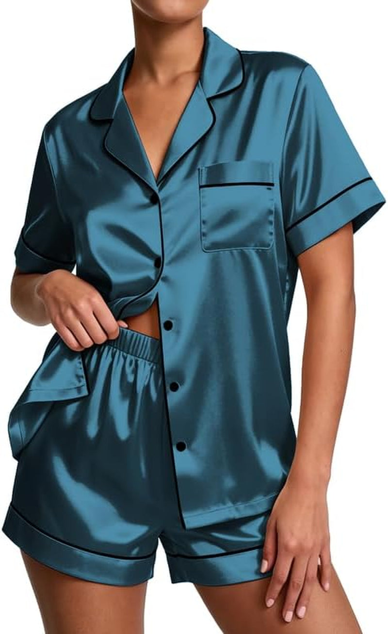 Pajamas for Women Set Silk Satin Pjs Button down Sleepwear Summer Loungewear Top and Shorts Lounge Set S-XXL